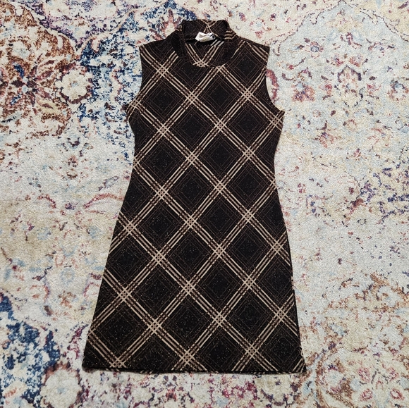 Vintage Dresses & Skirts - 90s Y2K G.A.S. Metallic Plaid Brown Mockneck Mini Dress Size Medium